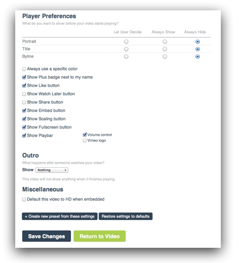 Vimeo player preferences